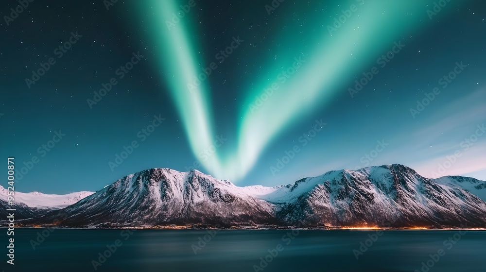 Naklejka premium Northern Lights Over Snowy Mountains and Sea