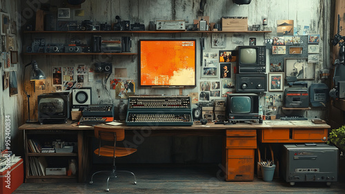 A vibrant studio where modern artists creatively blend retro tech with contemporary art, exuding innovation, nostalgia, and tactile hands-on experiences.