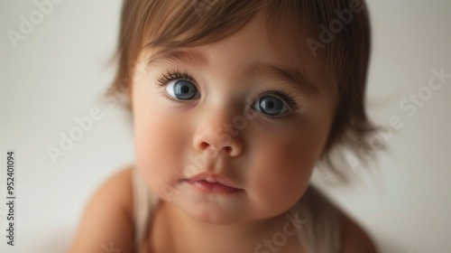 A baby with blue eyes is looking at the camera