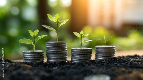 Green business growth or green investment and Finance sustainable development concept Stack of silver coins the seedlings are growing on top with arrow of growth Carbon credit ESG co2  : Generative AI photo