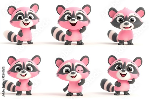 3D Pink cartoon raccoons with different expressions isolated on white background