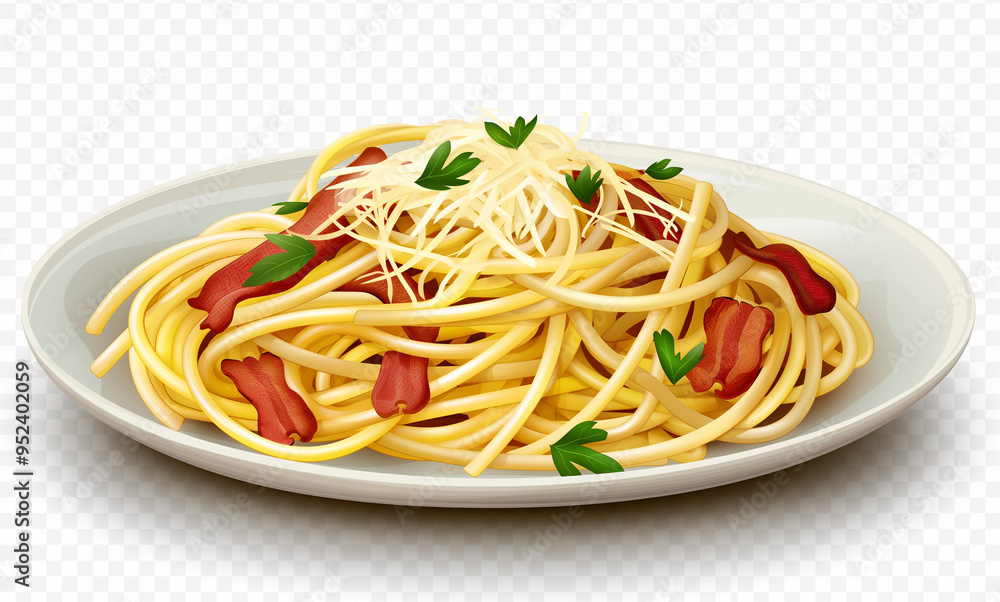 Vector illustration of a plate of spaghetti carbonara, with bacon, parsley, and grated chees Vector illustration of a plate of spaghetti carbonara, with bacon, parsley, and grated chees