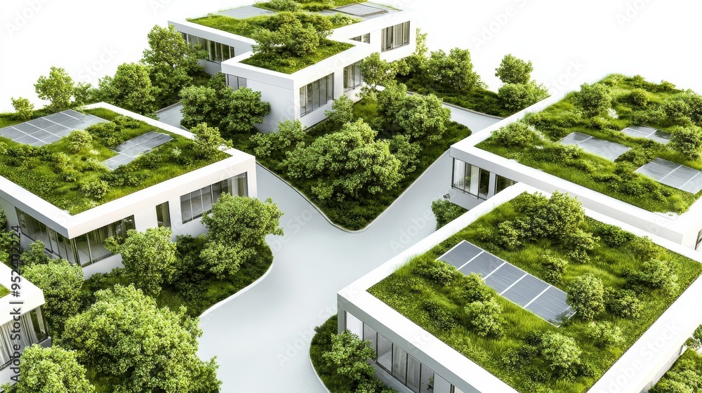 Aerial view of modern eco-friendly houses with green roofs and solar panels. Aerial view of modern eco-friendly houses with green roofs and solar panels.