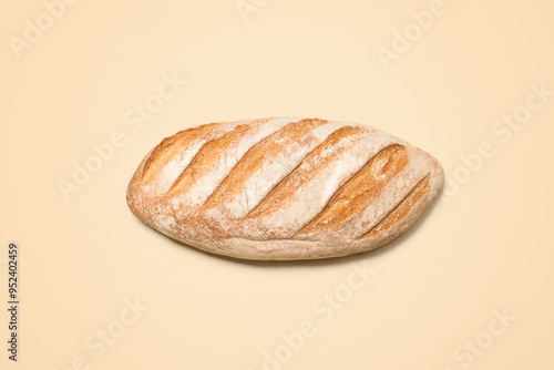 Bread, sourdough and food in studio with bakery, wheat and grain product for cafe or restaurant from above. Meal, yeast and baked goods with ciabatta and breakfast sandwich with yellow background