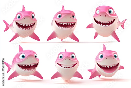 3D Pink cartoon sharks with different expressions isolated on white background