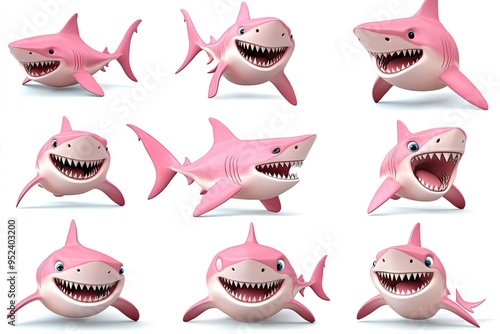 3D Pink cartoon sharks with different expressions isolated on white background