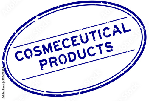 Grunge blue cosmeceutical products word oval rubber stamp in white background