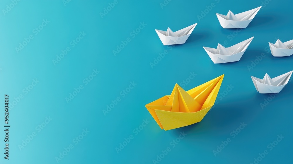 Yellow paper boat leading a group of white paper boats on a blue background. Yellow paper boat leading a group of white paper boats on a blue background.