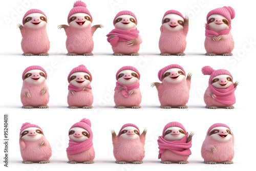 3D Pink cartoon sloths with different expressions isolated on white background