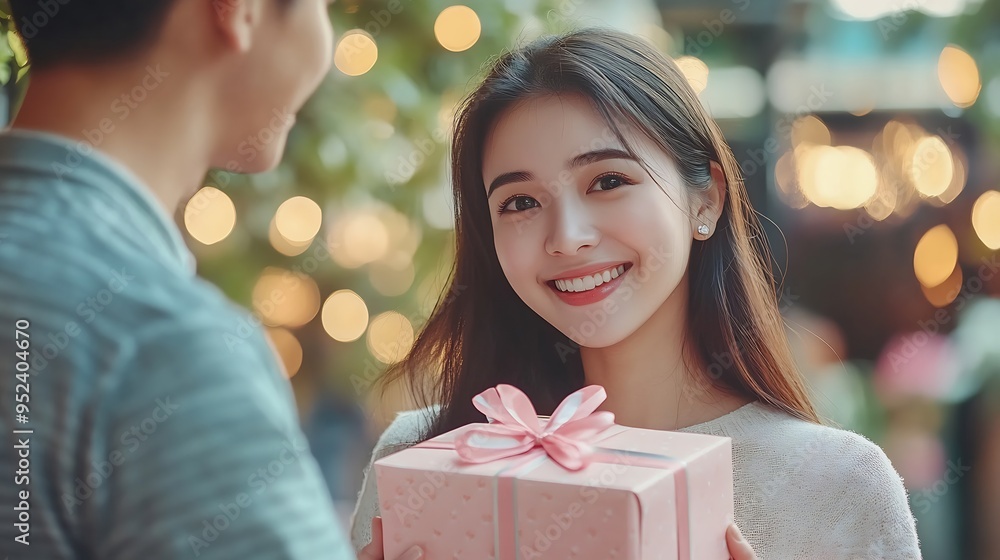 Loving boyfriend surprising his Asian girlfriend with a gift : Generative AI Loving boyfriend surprising his Asian girlfriend with a gift : Generative AI