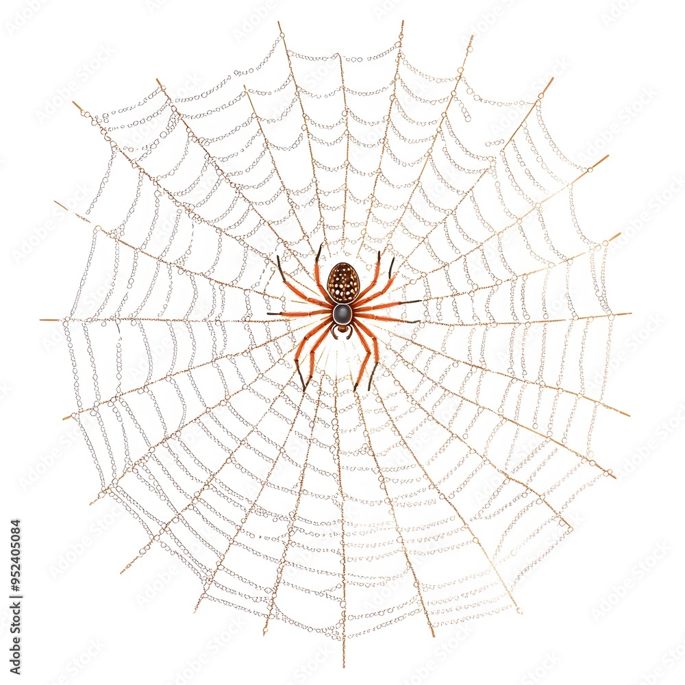 Fototapeta premium Detailed and intricate spider web with a spider resting in the center isolated on a clean white background Minimalist and elegant nature or photo