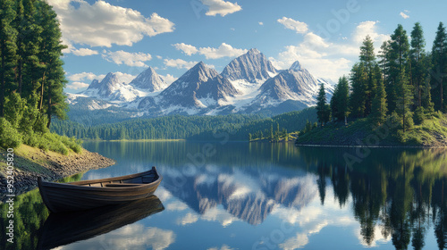 A serene mountain lake reflecting the surrounding peaks and evergreen trees, with a small wooden boat anchored near the shore. photo