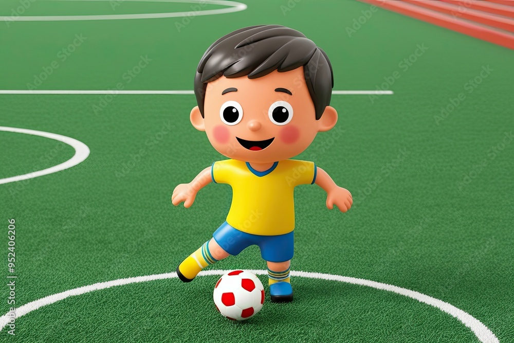 Fototapeta premium 3D Cute Boy Engaging in Soccer Play with Colorful Ball in Vibrant Sport Illustration