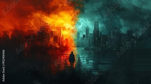 A lone figure stands between two halves of a city, one burning in fire and the other shrouded in storm clouds. photo