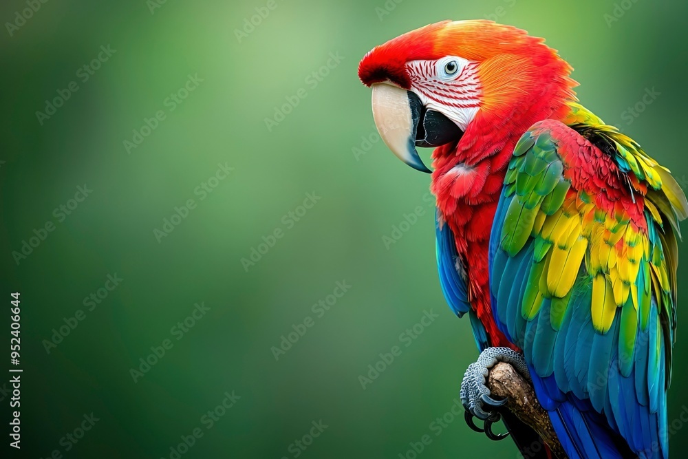 Fototapeta premium A Scarlet Macaw Perched on a Branch with Green Background