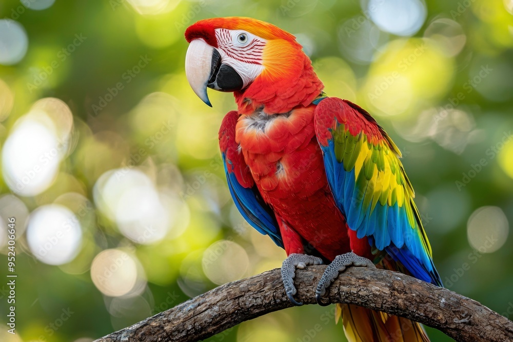 Scarlet Macaw Perched on a Branch with a Green Bokeh Background Scarlet Macaw Perched on a Branch with a Green Bokeh Background
