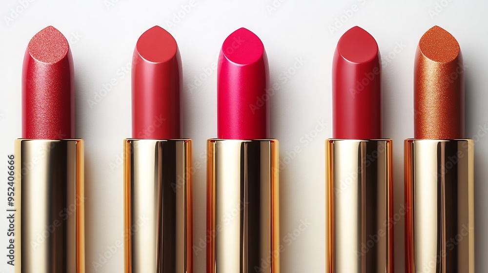 Obraz premium Seven lipsticks composition isolated on white background Pink red gold cosmetic makeup product sample : Generative AI