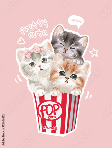 pretty cute slogan with cute kittens in popcorn box vector illustration