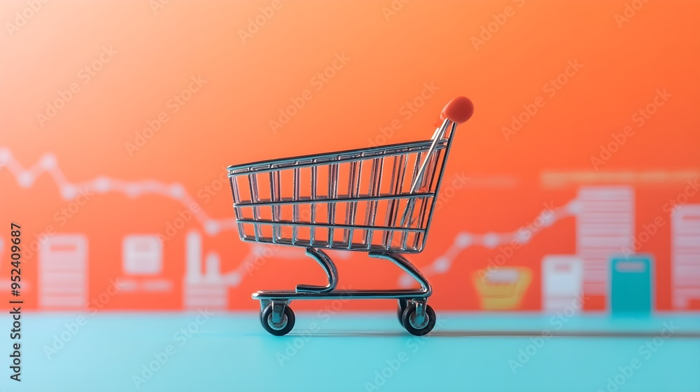 Shopping Cart on Blue Background with Blurred Orange Charts Shopping Cart on Blue Background with Blurred Orange Charts