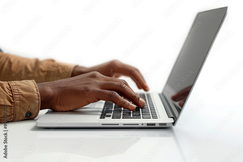 Hands are on the laptop keyboard, top view, white isolated background Hands are on the laptop keyboard, top view, white isolated background