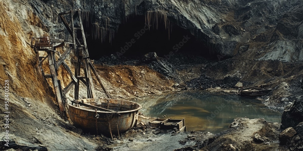 A rusty metal vessel sits near a dark cave. A rusty metal vessel sits near a dark cave.