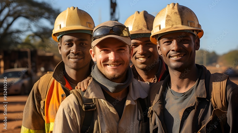 Four Hardworking Men in Construction Gear Drilling at an Oil Extraction Site Four Hardworking Men in Construction Gear Drilling at an Oil Extraction Site