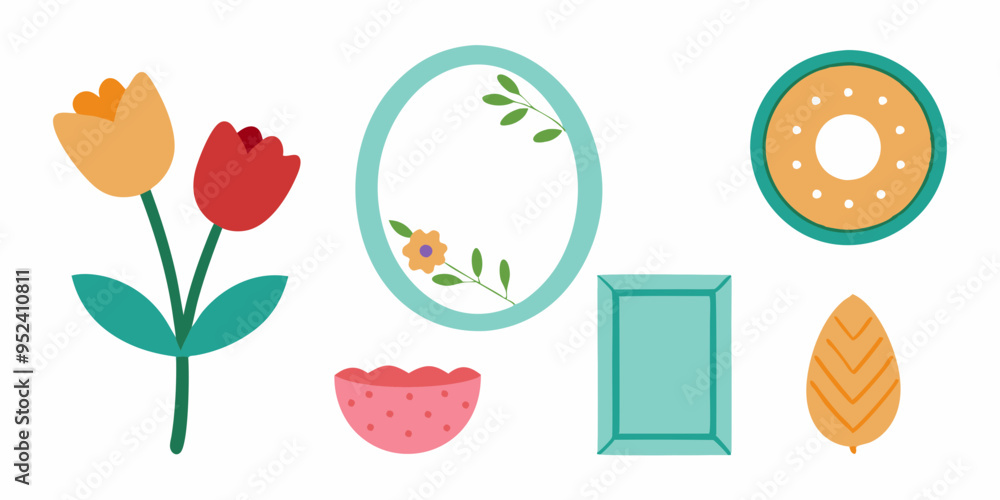 Set of different flowers, brunch and frames, white background Set of different flowers, brunch and frames, white background