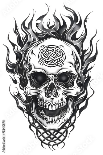 Skull and Flames very simple traditional tattoo flash styles illustration