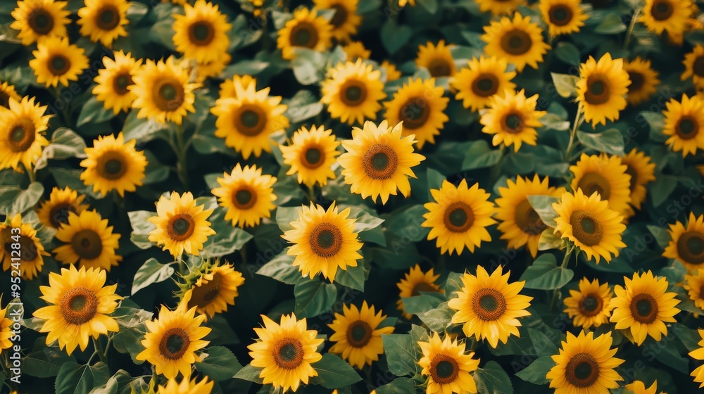 Vibrant Sunflower Field in Bloom with Golden Petals and Green Leaves Capturing Summer Beauty Vibrant Sunflower Field in Bloom with Golden Petals and Green Leaves Capturing Summer Beauty