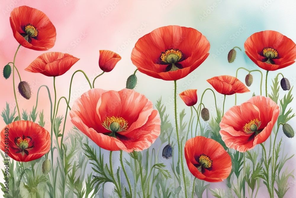 Obraz premium Watercolor Cardinal Poppy Flowers on Soft Pastel Background