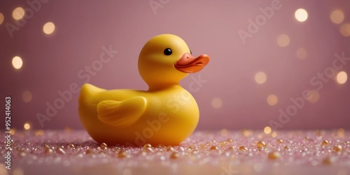 Yellow rubber duck in front of pink background. photo