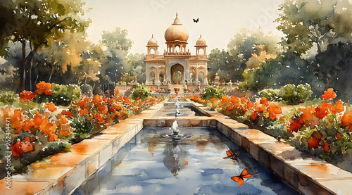 Brushstrokes of an Empires Majesty: The Mughal Gardens in Watercolor photo