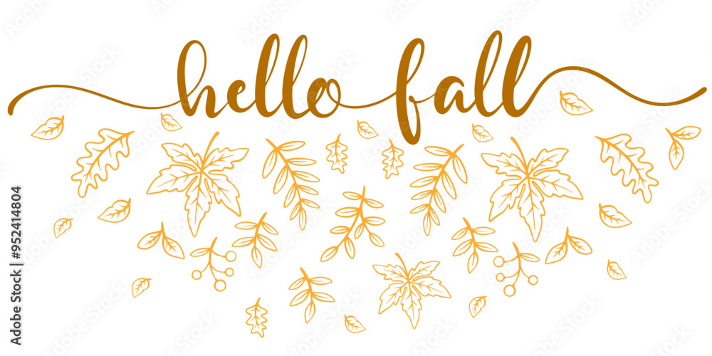 Hello fall hand lettering phrase on orange fall leaf background Hello fall hand lettering phrase on orange fall leaf background