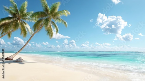 Tropical beach with palm trees swaying in the breeze, golden sand, and turquoise waters, exotic paradise