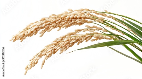 Closeup Rice ear with leaf isolated on white background : Generative AI