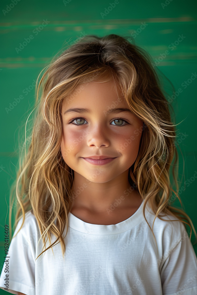 a young girl of 4 year. They are smiling and wearing a white t-shirt. The background is a uniform shade of green, a young girl of 4 year. They are smiling and wearing a white t-shirt. The background is a uniform shade of green,