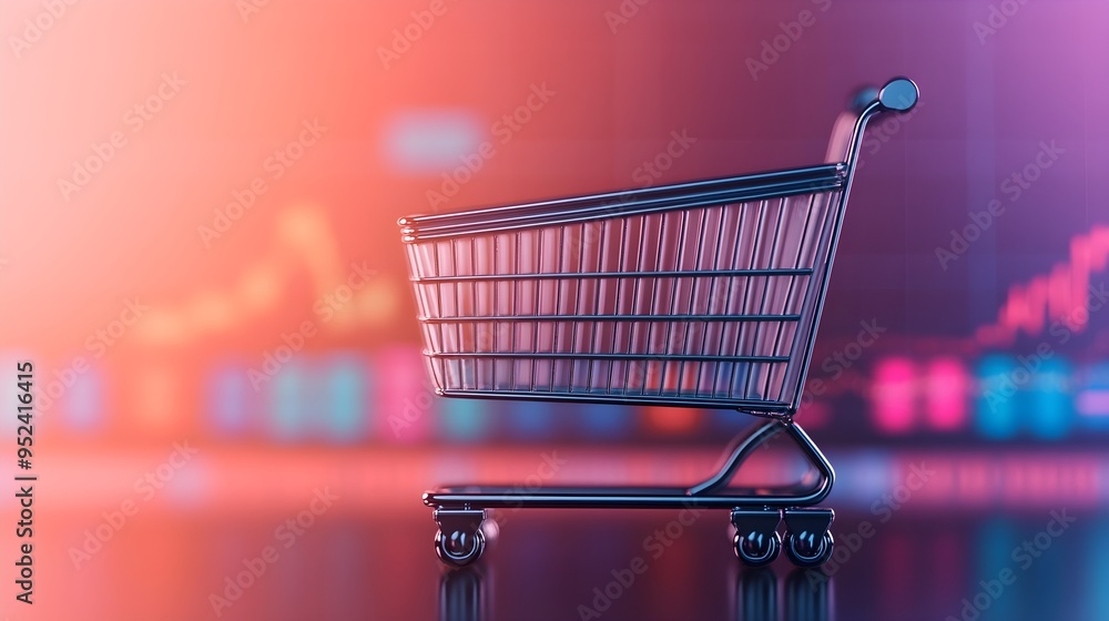 Shopping Cart on Neon Background, Consumerism, E-commerce Shopping Cart on Neon Background, Consumerism, E-commerce