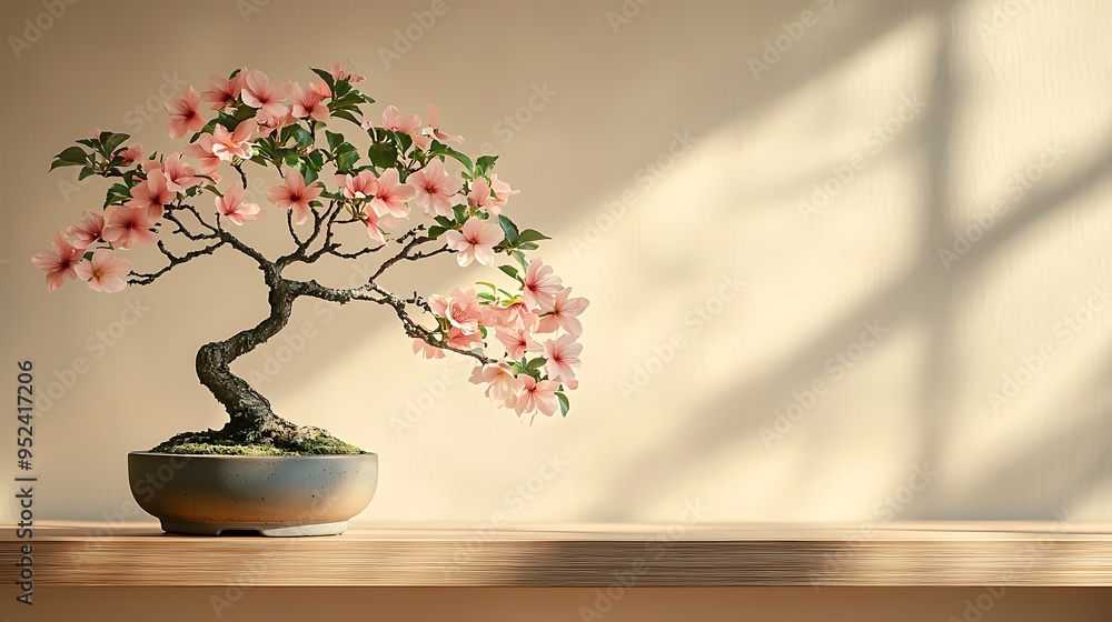 A pot of pink-flowered bonsai graces a wooden shelf, a delicate fusion of art and nature. A pot of pink-flowered bonsai graces a wooden shelf, a delicate fusion of art and nature.