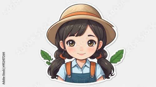 Sticker design of a cute kawaii girl in a farm uniform, cute girl anime cartoon illustration isolated on a white background