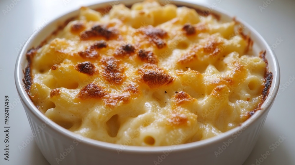 A bowl of creamy macaroni and cheese with a golden, baked top, placed on a white surface, showcasing a comforting and hearty American dish. A bowl of creamy macaroni and cheese with a golden, baked top, placed on a white surface, showcasing a comforting and hearty American dish.