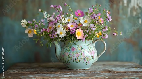 A quaint floral arrangement of wildflowers graces a vintage teapot on a rustic table.