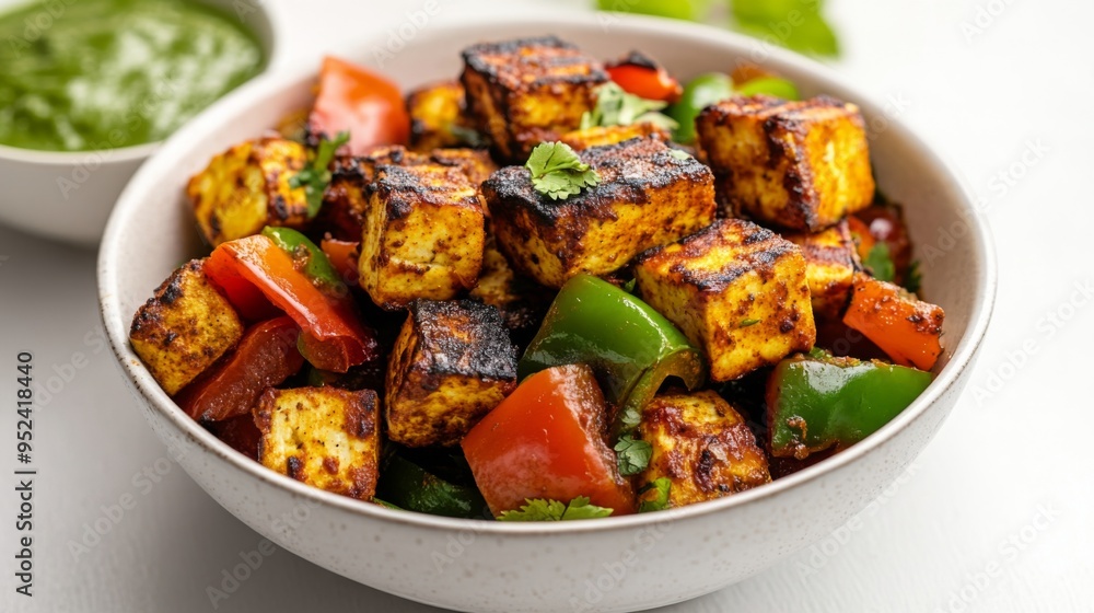 A bowl of spicy paneer tikka with grilled chunks of paneer and colorful bell peppers, served with a side of mint chutney, on a white surface. A bowl of spicy paneer tikka with grilled chunks of paneer and colorful bell peppers, served with a side of mint chutney, on a white surface.