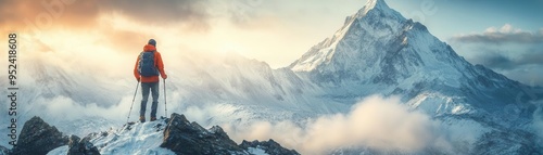 Majestic mountain peak with a hiker reaching the summit, dramatic lighting photo