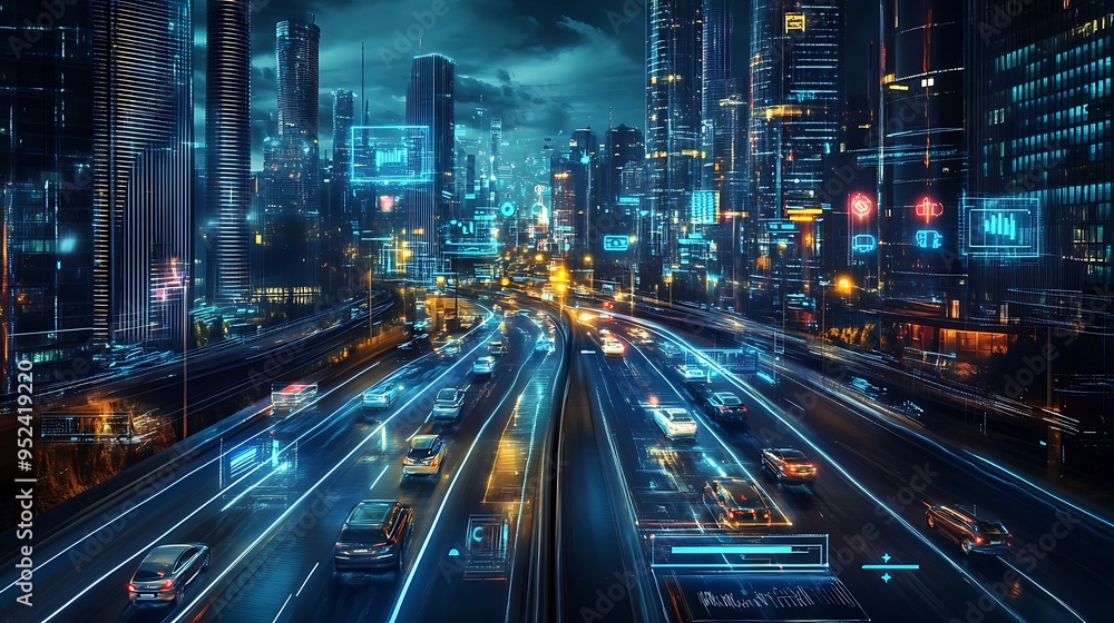 Futuristic Cityscape with Illuminated Highway and Digital Interfaces Futuristic Cityscape with Illuminated Highway and Digital Interfaces