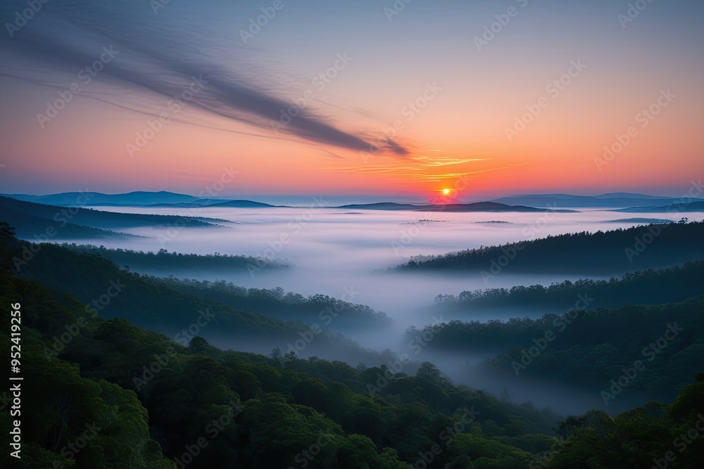 Enchanting Foggy Forest Valley at Dawn and Stunning Sunset Over Serene Plains Beautiful Natural Landscapes Enchanting Foggy Forest Valley at Dawn and Stunning Sunset Over Serene Plains Beautiful Natural Landscapes