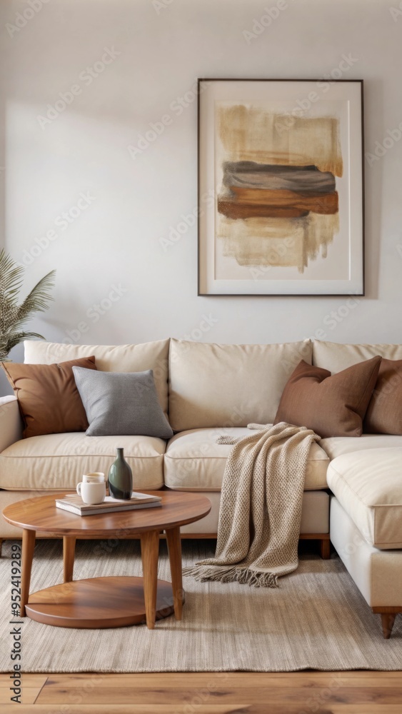 Fototapeta premium A cozy, modern living room with a minimalist design features a plush, white sectional sofa adorned with neutral-colored pillows and a soft brown blanket draped over one side.