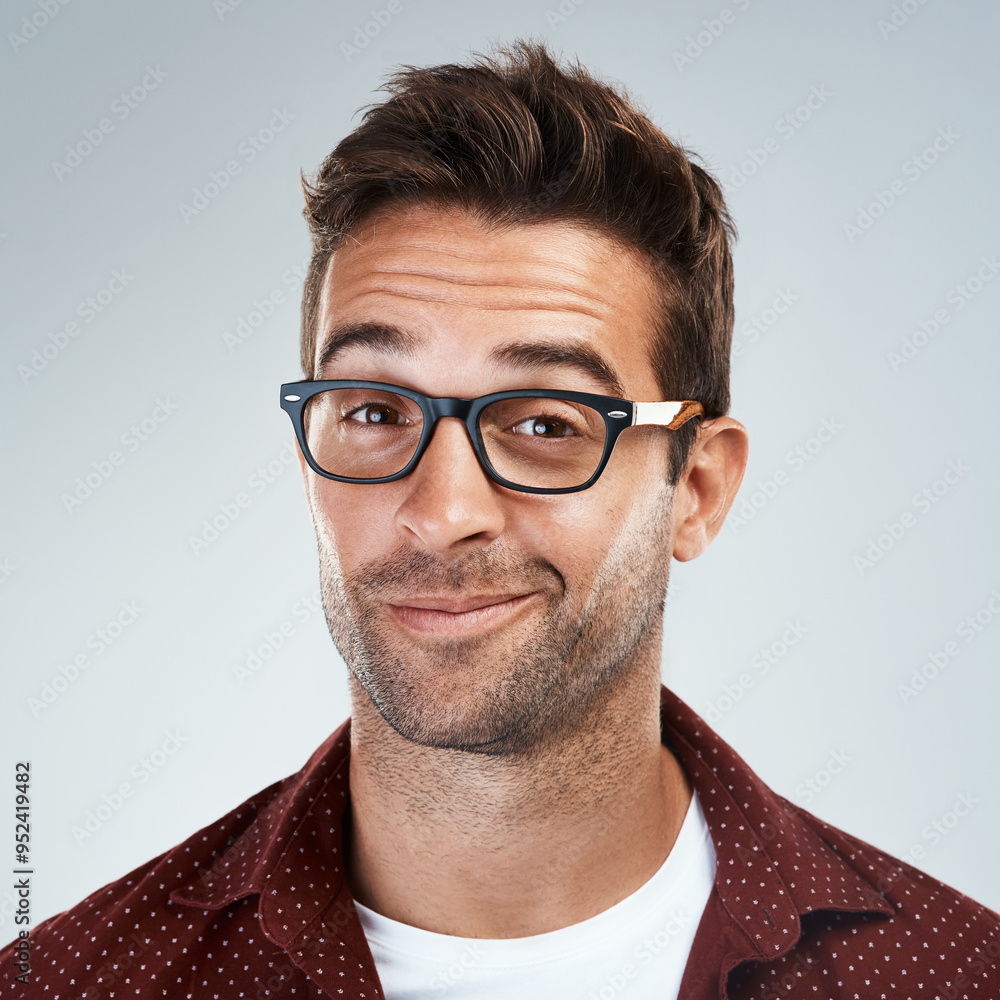 Man, face and happy with eyeglasses in studio on white background with eyewear prescription for eyesight. Male person, smile and confident on portrait with frame for spectacles, lens and vision Man, face and happy with eyeglasses in studio on white background with eyewear prescription for eyesight. Male person, smile and confident on portrait with frame for spectacles, lens and vision