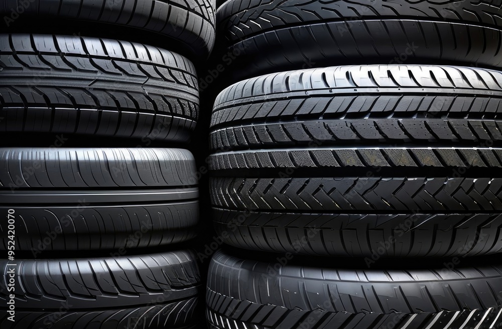 Fototapeta premium New tires on a dark background. Tire repair background.