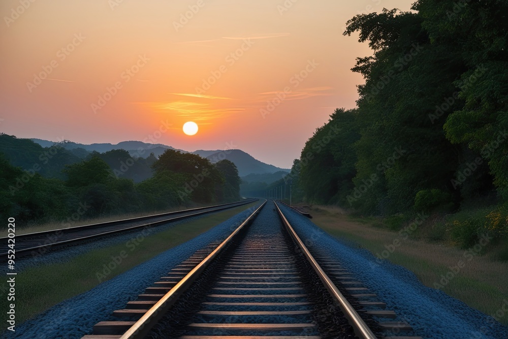 Fototapeta premium Serene Sunset Train Journey Exploring Peace and Natural Light