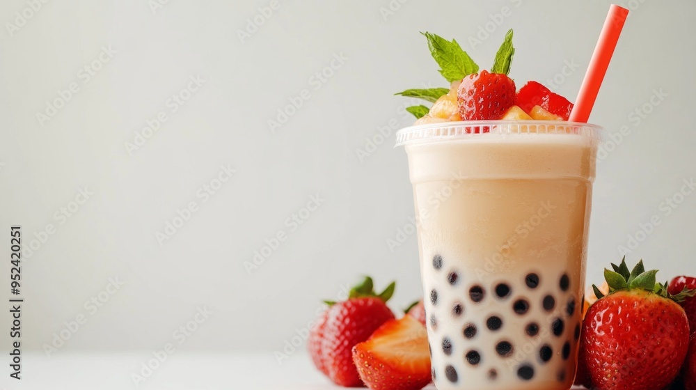 A charming image of a bubble tea with a fun, decorative straw and a topping of fresh fruit, set against a white background to emphasize its playful and refreshing appeal. A charming image of a bubble tea with a fun, decorative straw and a topping of fresh fruit, set against a white background to emphasize its playful and refreshing appeal.